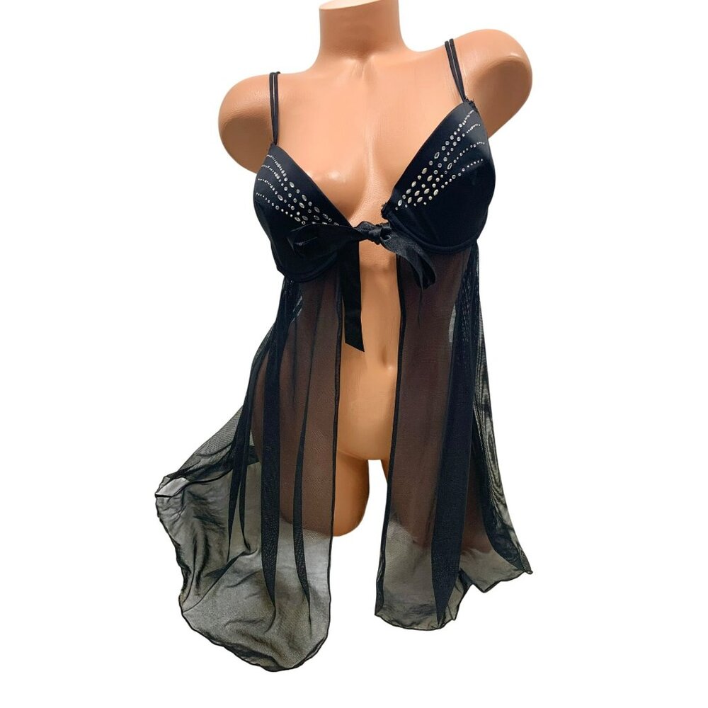 VTG Y2K Sheer Babydoll Lingerie Rhinestone Bow Tie Front Size 18/20 Fashion Bug